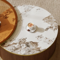 "Living Room Set 86.6"" Sintered Stone Top Walnut TV Stand & Round Glass Nesting Coffee Table with Storage" - thumbnail 8