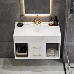 "35"" Floating Bathroom Vanity with Sintered Stone Vessel Sink with 2 Drawers in White" - thumbnail 3