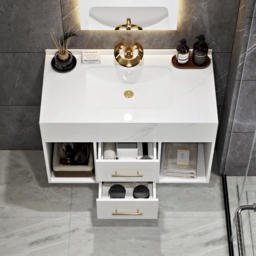 "35"" Floating Bathroom Vanity with Sintered Stone Vessel Sink with 2 Drawers in White" - thumbnail 4