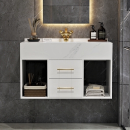 "35"" Floating Bathroom Vanity with Sintered Stone Vessel Sink with 2 Drawers in White" - thumbnail 2