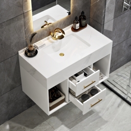 "35"" Floating Bathroom Vanity with Sintered Stone Vessel Sink with 2 Drawers in White" - thumbnail 5
