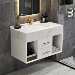"35"" Floating Bathroom Vanity with Sintered Stone Vessel Sink with 2 Drawers in White" - thumbnail 1