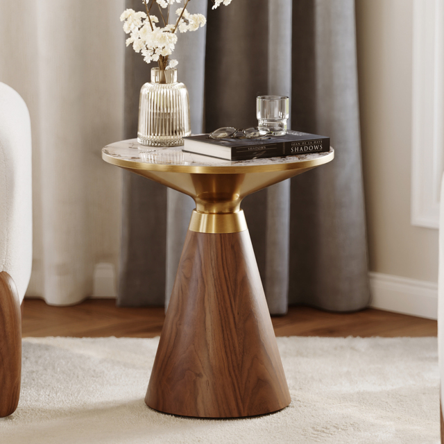 Round Walnut End Table with Sintered Stone Top - image 1