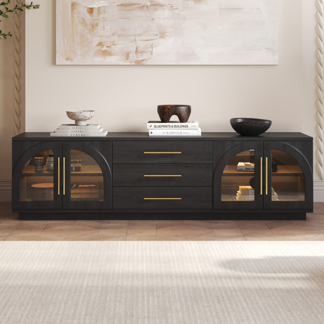 Arune Mid Century Modern Black TV Stand with LED Lights and Arched Glass Cabinet Doors - image 1