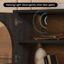 Arune Mid Century Modern Black TV Stand with LED Lights and Arched Glass Cabinet Doors - thumbnail 7