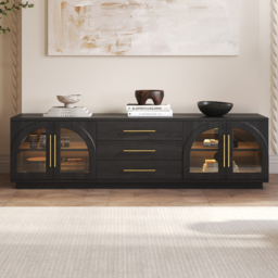 Arune Mid Century Modern Black TV Stand with LED Lights and Arched Glass Cabinet Doors - thumbnail 1