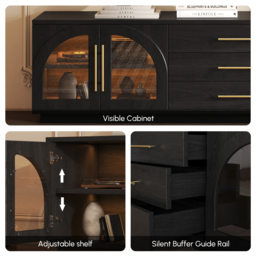 Arune Mid Century Modern Black TV Stand with LED Lights and Arched Glass Cabinet Doors - thumbnail 9