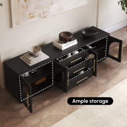 Arune Mid Century Modern Black TV Stand with LED Lights and Arched Glass Cabinet Doors - thumbnail 6
