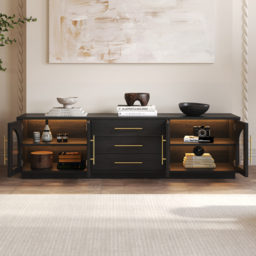 Arune Mid Century Modern Black TV Stand with LED Lights and Arched Glass Cabinet Doors - thumbnail 3