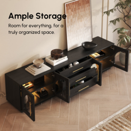 Arune Mid Century Modern Black TV Stand with LED Lights and Arched Glass Cabinet Doors - thumbnail 7