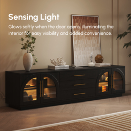 Arune Mid Century Modern Black TV Stand with LED Lights and Arched Glass Cabinet Doors - thumbnail 6
