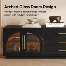 Arune Mid Century Modern Black TV Stand with LED Lights and Arched Glass Cabinet Doors - thumbnail 8