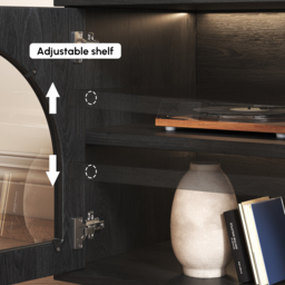 Arune Mid Century Modern Black TV Stand with LED Lights and Arched Glass Cabinet Doors - thumbnail 9