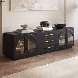 Arune Mid Century Modern Black TV Stand with LED Lights and Arched Glass Cabinet Doors - thumbnail 2