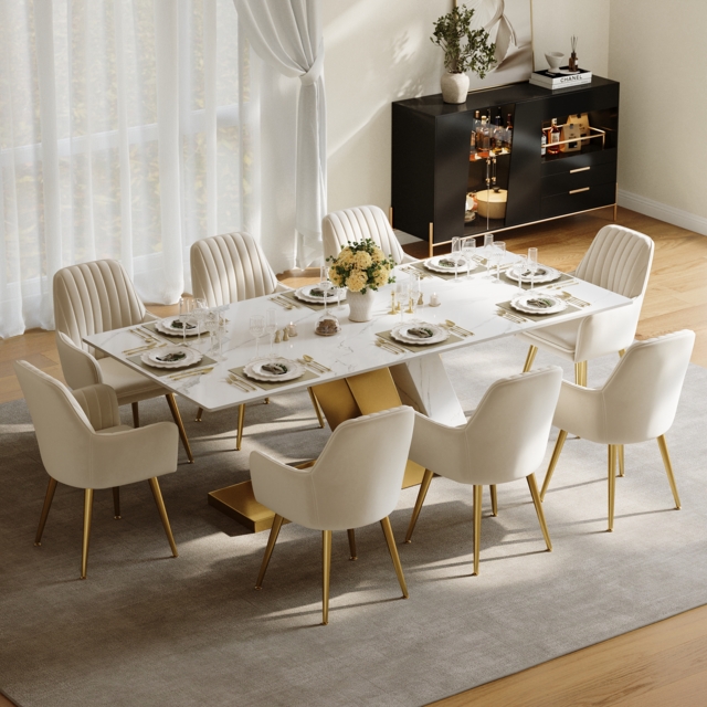 "Dining Set 87"" Modern Rectangle Sintered Stone Dining Table with 8 Chairs" - image 1