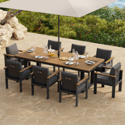 6-Pieces Acacia & Aluminium Outdoor Dining Chair Modern Yard & Patio Furniture in Grey Cushion & Pillow Included - thumbnail 3