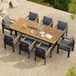 6-Pieces Acacia & Aluminium Outdoor Dining Chair Modern Yard & Patio Furniture in Grey Cushion & Pillow Included - thumbnail 3