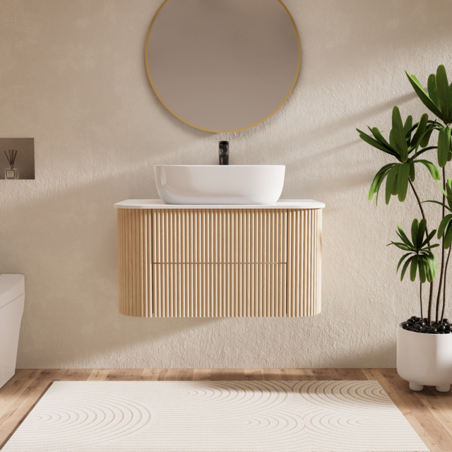 800mm Floating Fluted Wall mounted Bathroom Vanity Set Sintered Stone Top with Vessel Single Basin & 2 Drawers - image 1