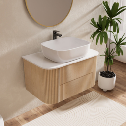800mm Floating Fluted Wall mounted Bathroom Vanity Set Sintered Stone Top with Vessel Single Basin & 2 Drawers - thumbnail 3