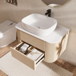 800mm Floating Fluted Wall mounted Bathroom Vanity Set Sintered Stone Top with Vessel Single Basin & 2 Drawers - thumbnail 2
