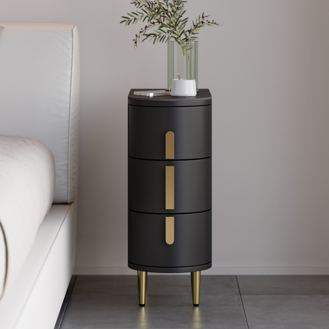 Modern Black Narrow 3 Drawer Bedside Table Sintered Stone Top Bedside Table - image 1