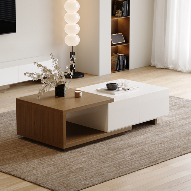 Quoint 175 cm Modern White & Walnut Coffee Table Retracted & Extendable with 2-Drawer - image 1