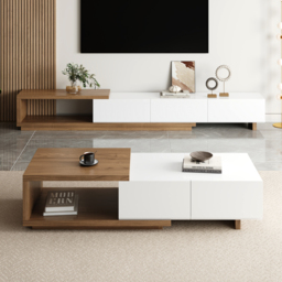 Quoint 175 cm Modern White & Walnut Coffee Table Retracted & Extendable with 2-Drawer - thumbnail 4