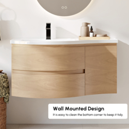 90 cm Floating Curved Bathroom Vanity Natural Left Offset Single Sink Bathroom Cabinet - thumbnail 7