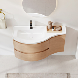 900mm Floating Curved Bathroom Vanity Natural Left Offset Single Sink Bathroom Cabinet - thumbnail 1