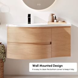 900mm Floating Curved Bathroom Vanity Natural Left Offset Single Sink Bathroom Cabinet - thumbnail 7