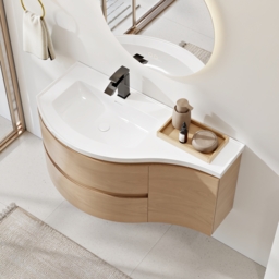 90 cm Floating Curved Bathroom Vanity Natural Left Offset Single Sink Bathroom Cabinet