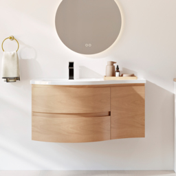 900mm Floating Curved Bathroom Vanity Natural Left Offset Single Sink Bathroom Cabinet - thumbnail 2