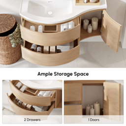 90 cm Floating Curved Bathroom Vanity Natural Left Offset Single Sink Bathroom Cabinet - thumbnail 3