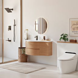 900mm Floating Curved Bathroom Vanity Natural Left Offset Single Sink Bathroom Cabinet - thumbnail 4