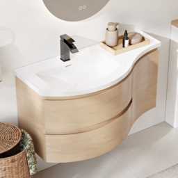 90 cm Floating Curved Bathroom Vanity Natural Left Offset Single Sink Bathroom Cabinet - thumbnail 2
