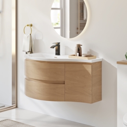 90 cm Floating Curved Bathroom Vanity Natural Left Offset Single Sink Bathroom Cabinet - thumbnail 9