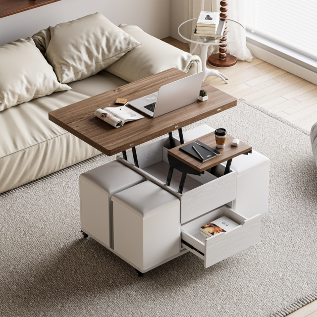 100 cm Lift-Top Foldable Walnutl & White Coffee Table with 4 Stools & Storage - image 1