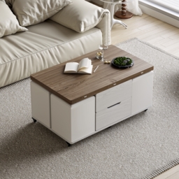 100 cm Lift-Top Foldable Walnutl & White Coffee Table with 4 Stools & Storage - thumbnail 2