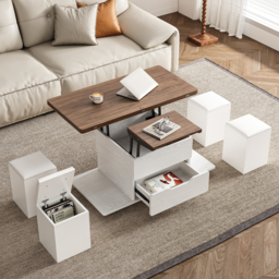 100 cm Lift-Top Foldable Walnutl & White Coffee Table with 4 Stools & Storage - thumbnail 3