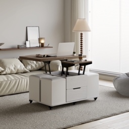 100 cm Lift-Top Foldable Walnutl & White Coffee Table with 4 Stools & Storage - thumbnail 6