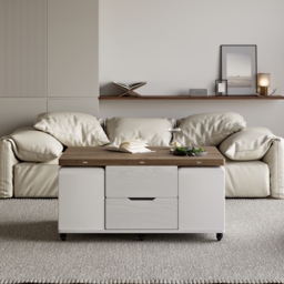 100 cm Lift-Top Foldable Walnutl & White Coffee Table with 4 Stools & Storage - thumbnail 5