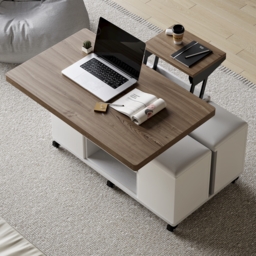 100 cm Lift-Top Foldable Walnutl & White Coffee Table with 4 Stools & Storage - thumbnail 7
