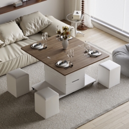 100 cm Lift-Top Foldable Walnutl & White Coffee Table with 4 Stools & Storage - thumbnail 4
