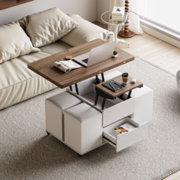 100 cm Lift-Top Foldable Walnutl & White Coffee Table with 4 Stools & Storage - thumbnail 1