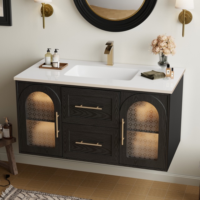 1070mm Arune Black Bathroom Vanity with Arched Glass Doors, Drawers and Light - image 1