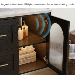 1070mm Arune Black Bathroom Vanity with Arched Glass Doors, Drawers and Light - thumbnail 6
