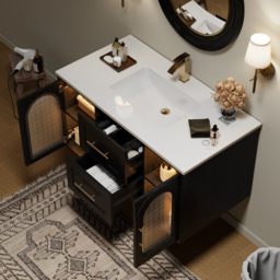 1070mm Arune Black Bathroom Vanity with Arched Glass Doors, Drawers and Light - thumbnail 7