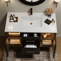 1070mm Arune Black Bathroom Vanity with Arched Glass Doors, Drawers and Light - thumbnail 4
