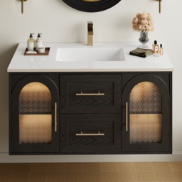 1070mm Arune Black Bathroom Vanity with Arched Glass Doors, Drawers and Light - thumbnail 2