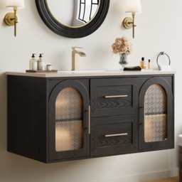 1070mm Arune Black Bathroom Vanity with Arched Glass Doors, Drawers and Light - thumbnail 3